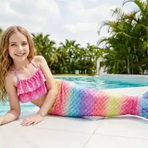 Queue de sirène Brillante Enfant — bannière éditoriale au bord d'une piscine tropicale