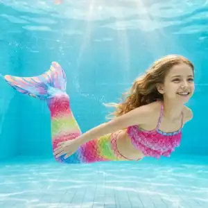 Queue de sirène Brillante Enfant en mouvement sous l'eau d'une piscine, rayons de soleil