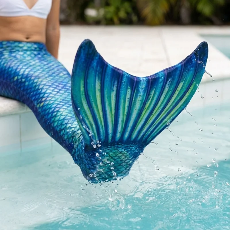 Gros plan dynamique sur la queue de sirène De Mako Enfant en action dans l'eau