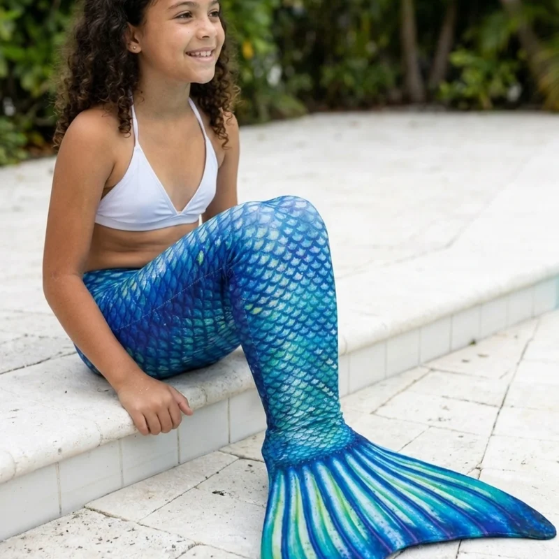 Queue de sirène De Mako Enfant portée par une fillette de profil au bord d'une piscine ensoleillée