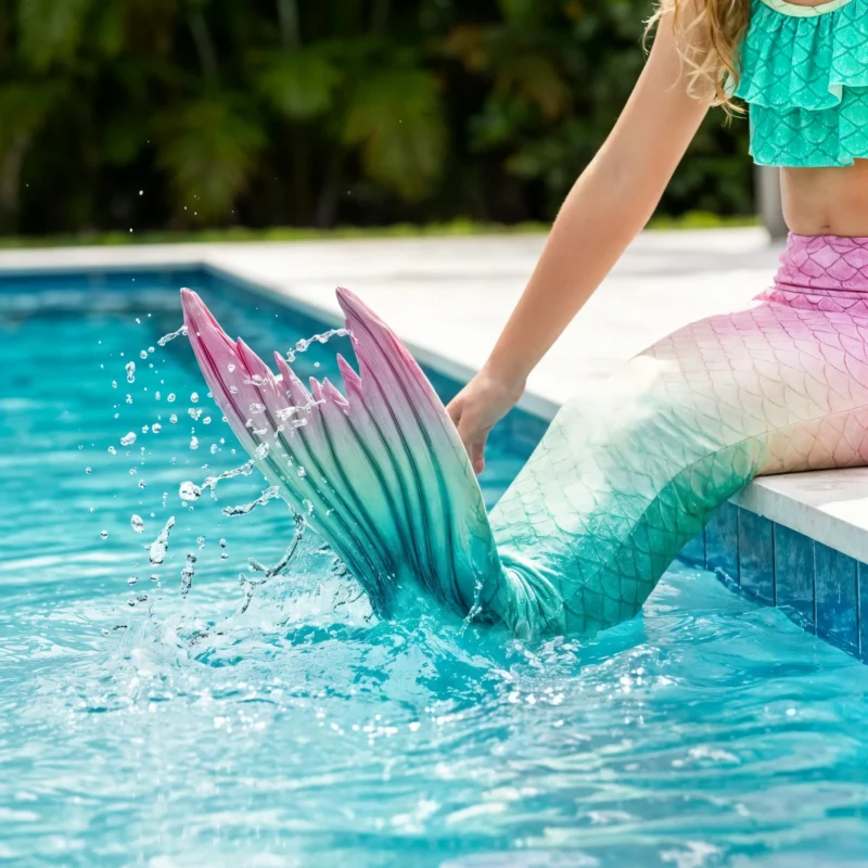 Gros plan dynamique sur la queue de sirène Freya Enfant en action dans l'eau