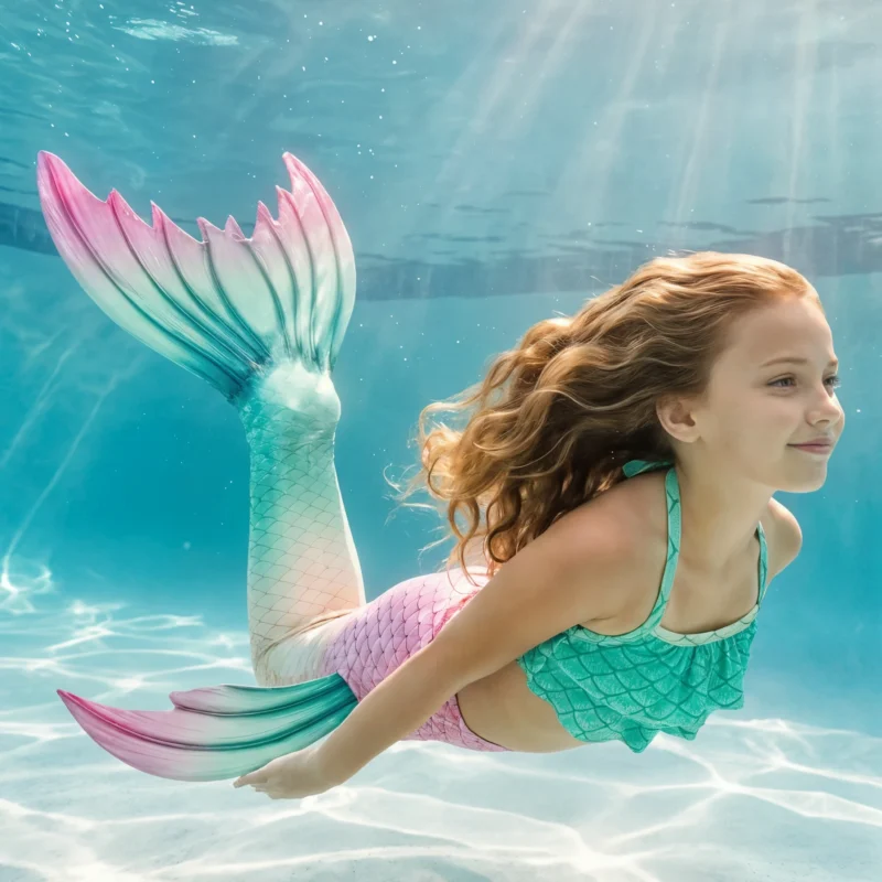 Queue de sirène Freya Enfant en mouvement sous l'eau d'une piscine, rayons de soleil