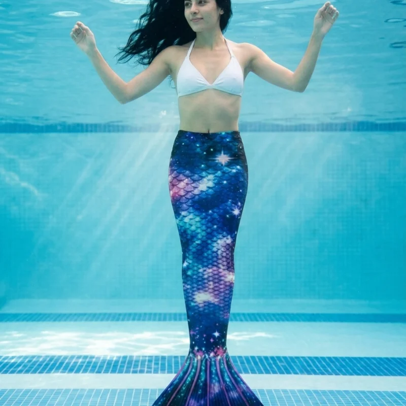 Queue de sirène Interstellaire portée par une jeune femme en mouvement sous l'eau, rayons de soleil