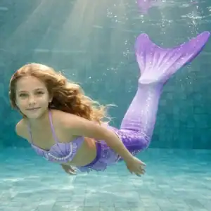 Queue de sirène Luna Enfant en mouvement sous l'eau d'une piscine, rayons de soleil