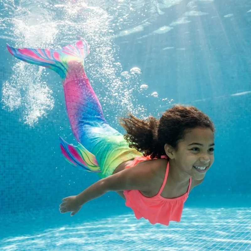 Queue de sirène Magica Enfant portée par une fillette en mouvement sous l'eau, rayons de soleil