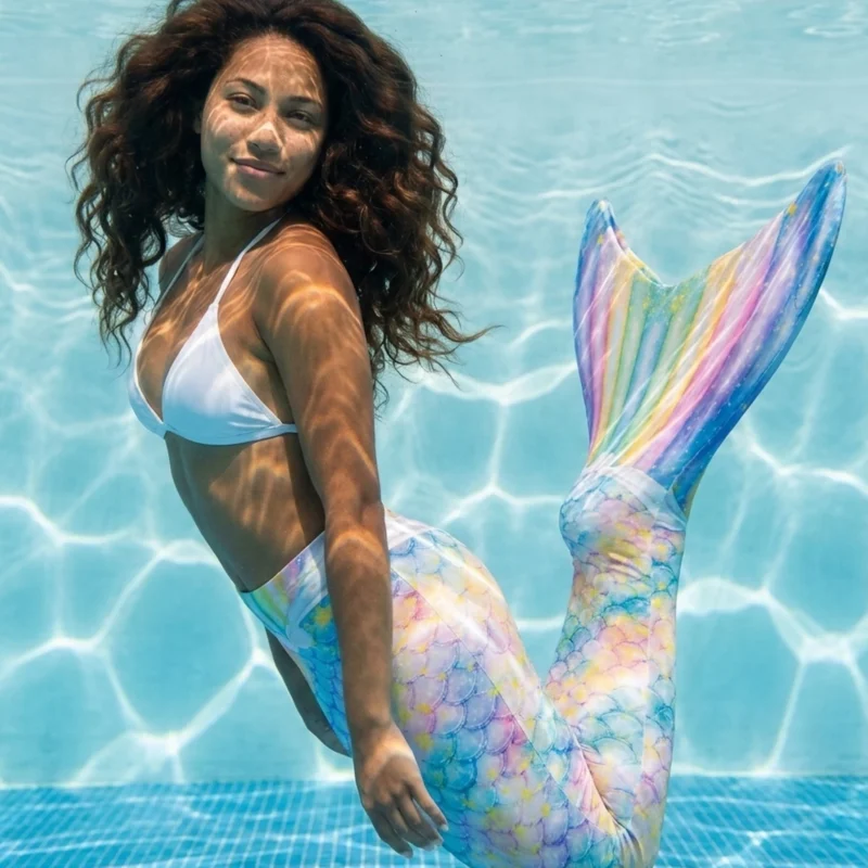 Queue de sirène Multicolore portée par une jeune femme en mouvement sous l'eau, rayons de soleil