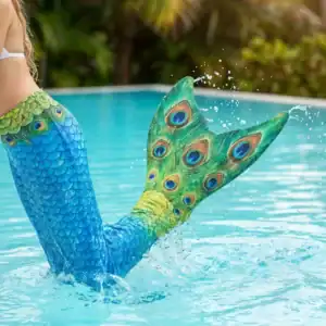 Gros plan dynamique sur la queue de sirène Mythique Enfant en action dans l'eau