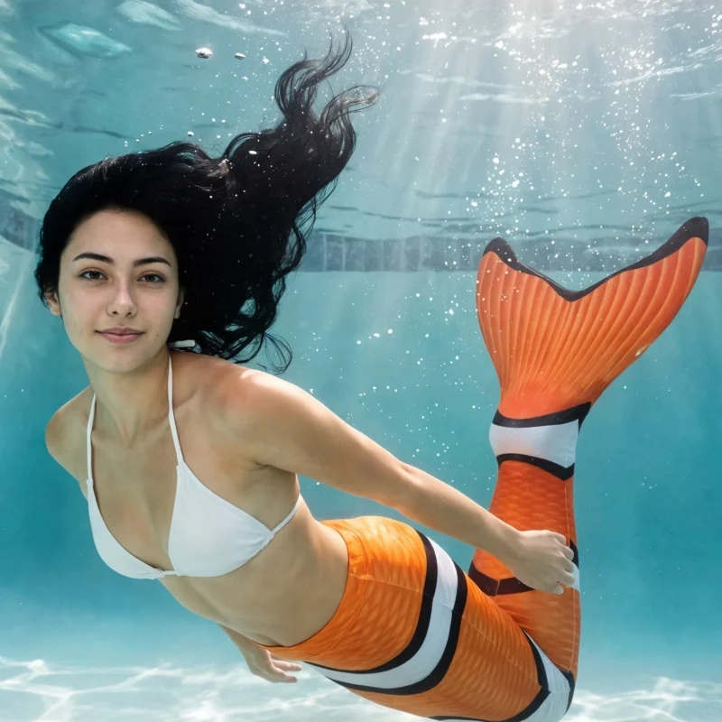 Queue de sirène Nemo en mouvement sous l'eau d'une piscine, rayons de soleil