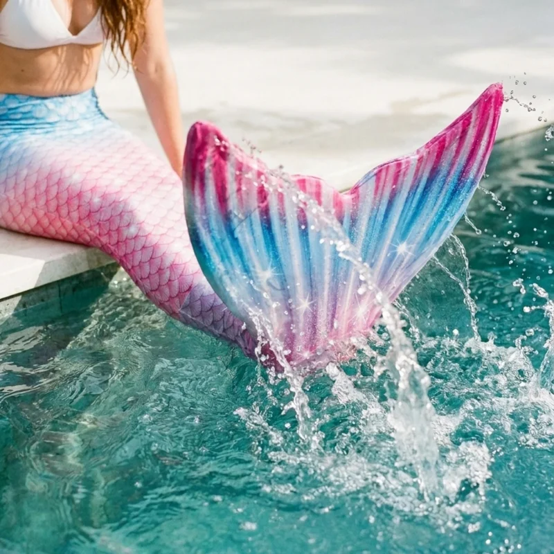 Gros plan dynamique sur la queue de sirène Rose et Bleu en action dans l'eau