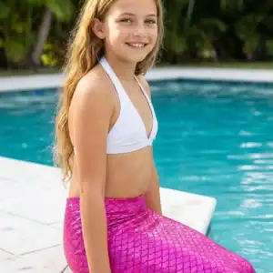 Queue de sirène Rosella Enfant portée par une fillette au bord d'une piscine ensoleillée