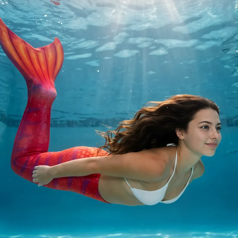 Queue de sirène Rouge Arista en mouvement sous l'eau d'une piscine, rayons de soleil