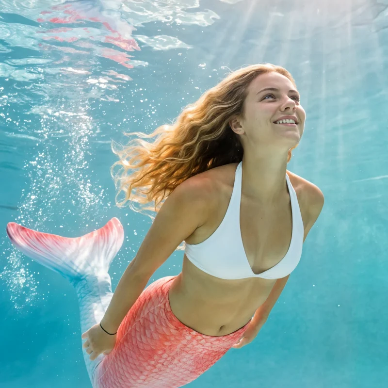 Queue de sirène Sakura en mouvement sous l'eau d'une piscine, rayons de soleil
