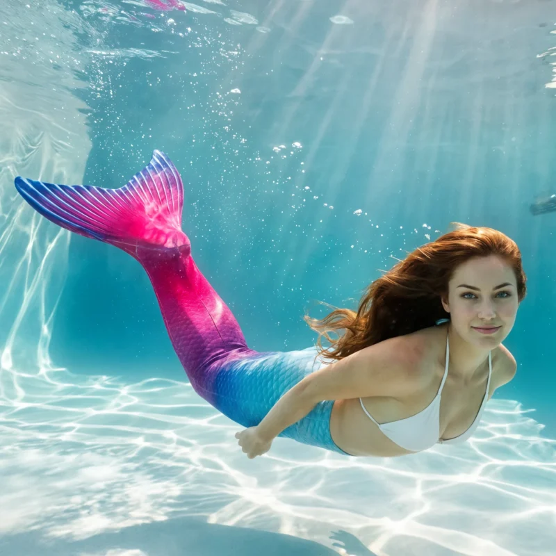 Queue de sirène Ulysse en mouvement sous l'eau d'une piscine, rayons de soleil
