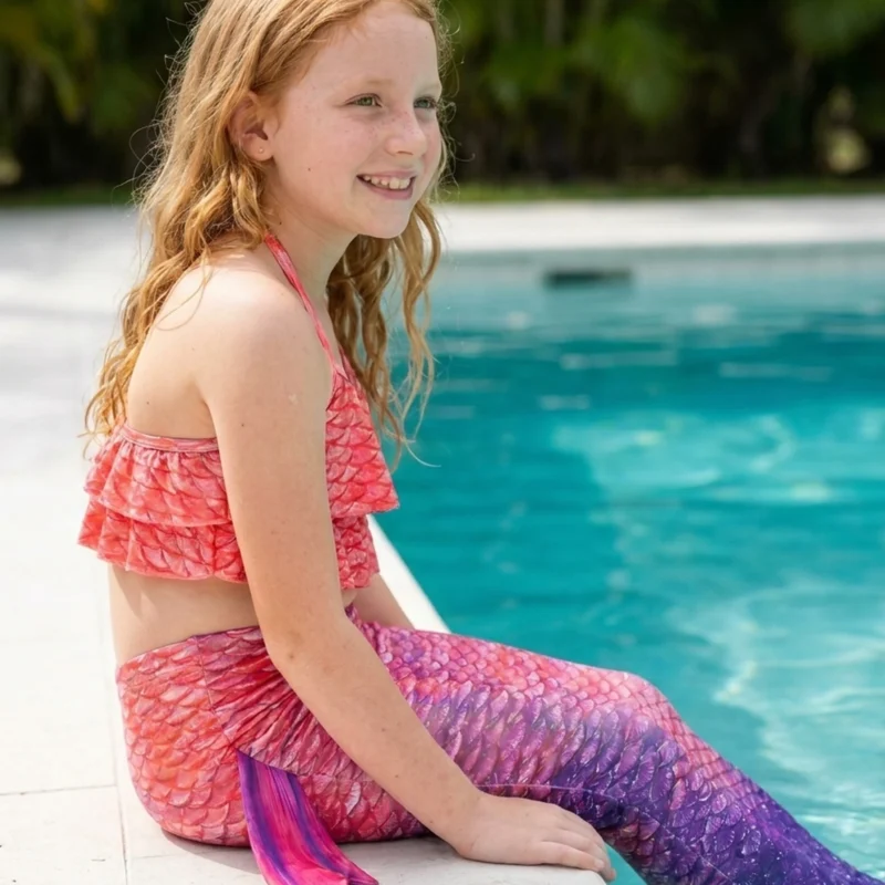 Queue de sirène Vampire pour Fille portée par une fillette de profil au bord d'une piscine ensoleillée