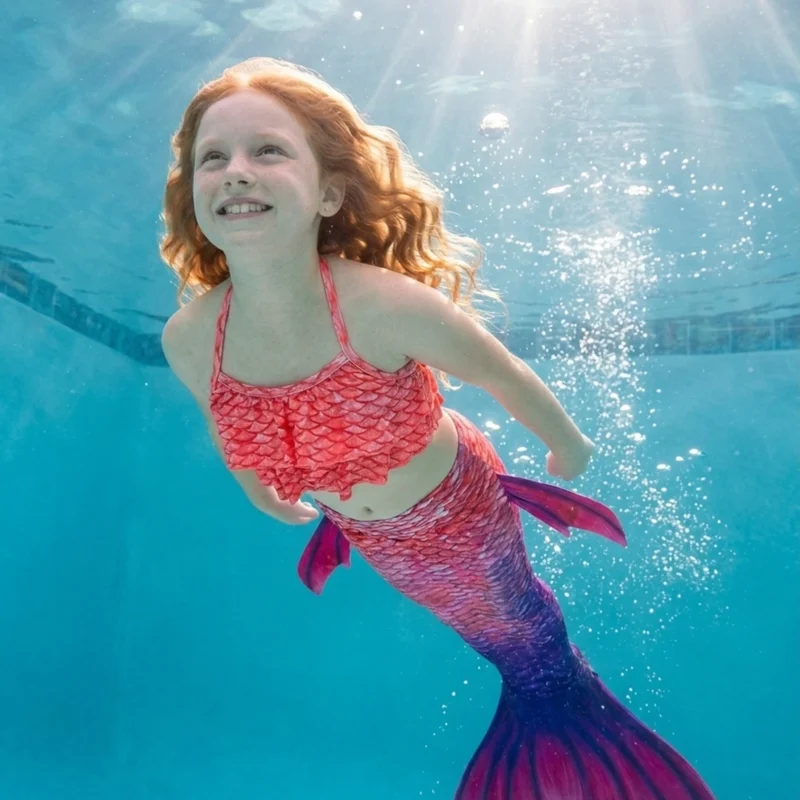 Queue de sirène Vampire pour Fille en mouvement sous l'eau d'une piscine, rayons de soleil