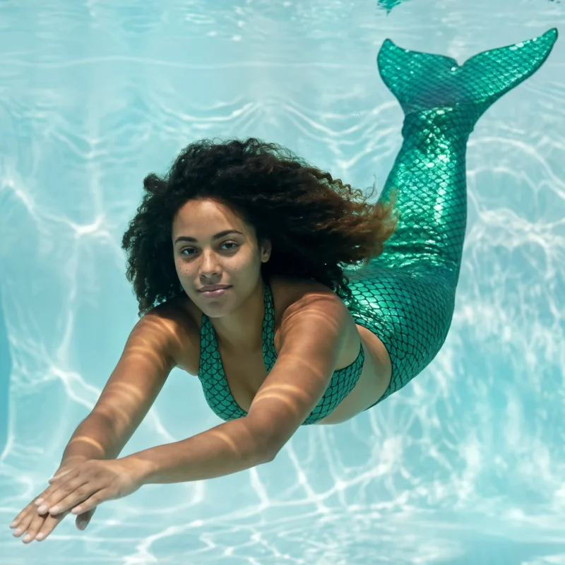 Queue de sirène Verte Esmeralda en mouvement sous l'eau d'une piscine, rayons de soleil