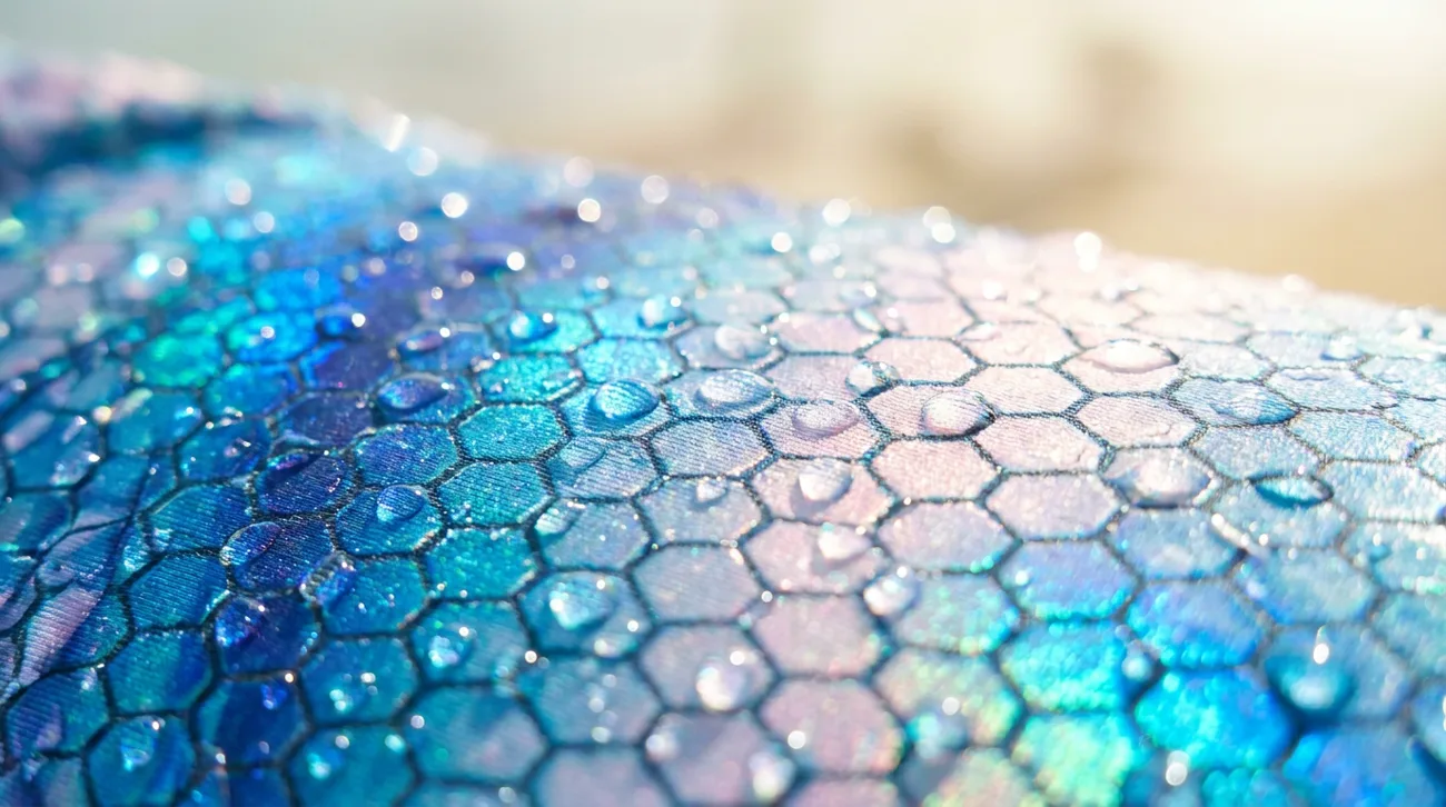 Gros plan sur le tissu à écailles irisées bleu et rose d'un maillot de bain sirène avec gouttes d'eau