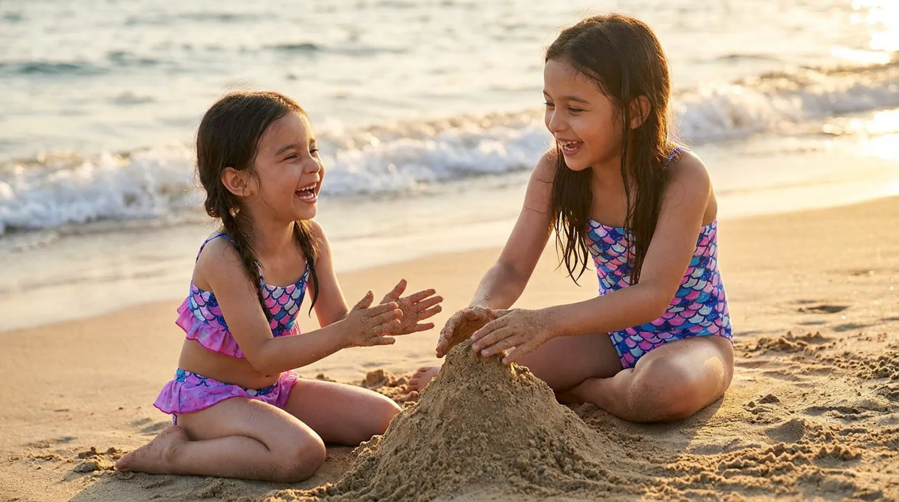 Deux petites filles construisant un château de sable sur la plage en maillots de bain sirène