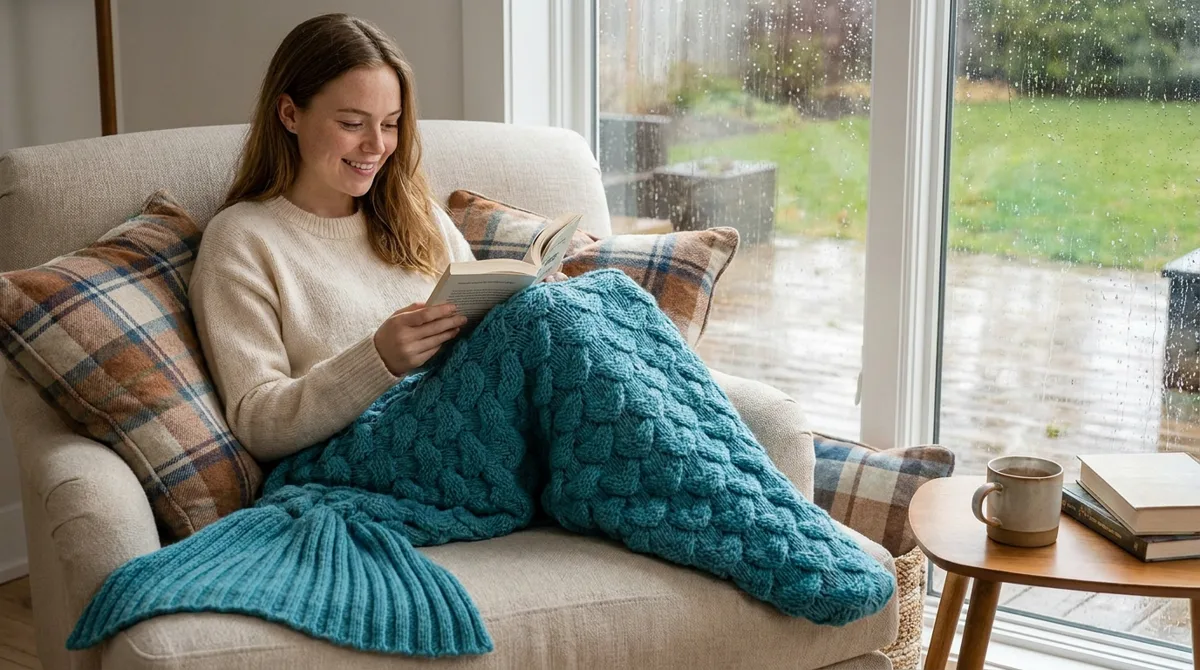 Jeune femme lisant dans un fauteuil, les jambes dans une couverture queue de sirène en tricot turquoise