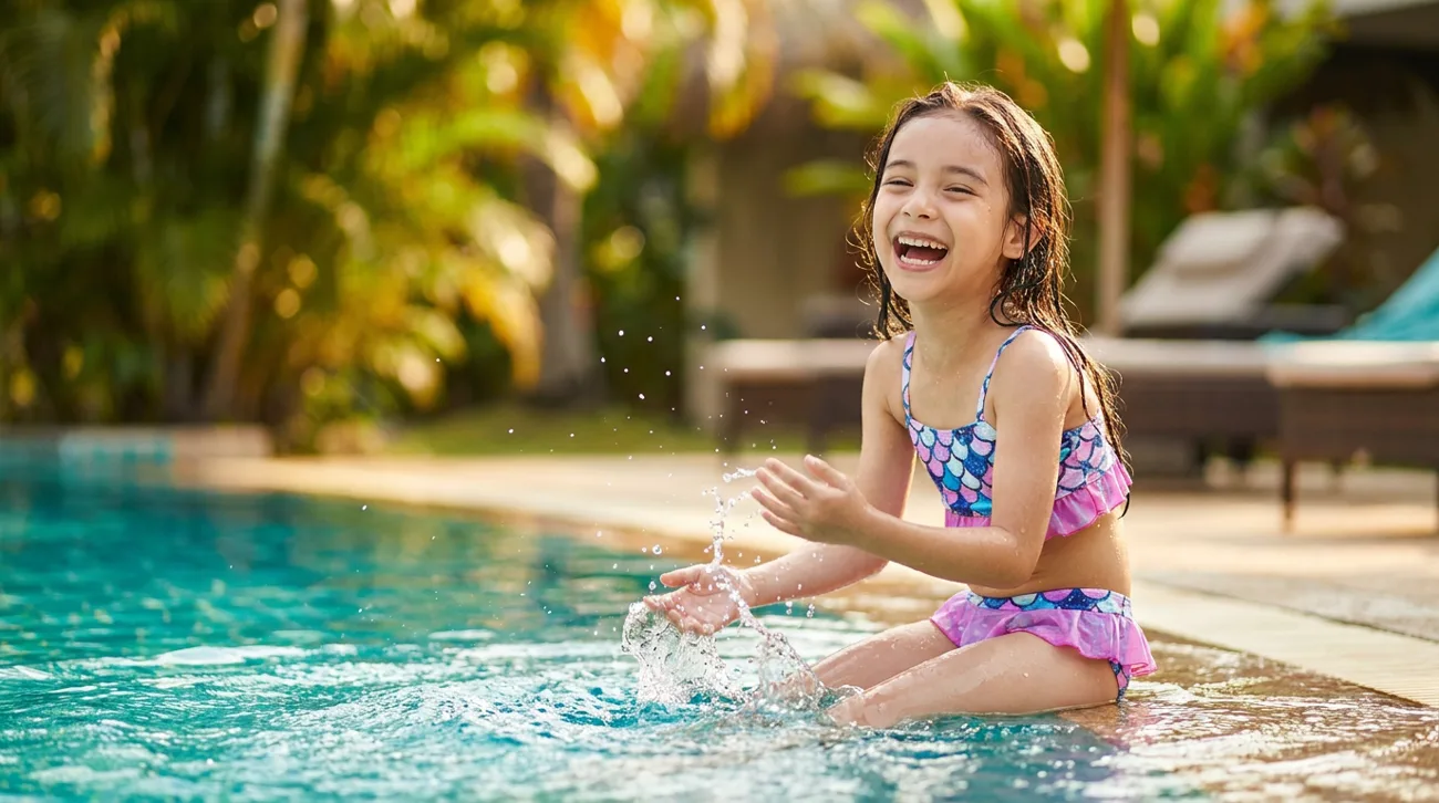 Petite fille riant au bord d'une piscine en maillot de bain sirène à écailles roses et violettes
