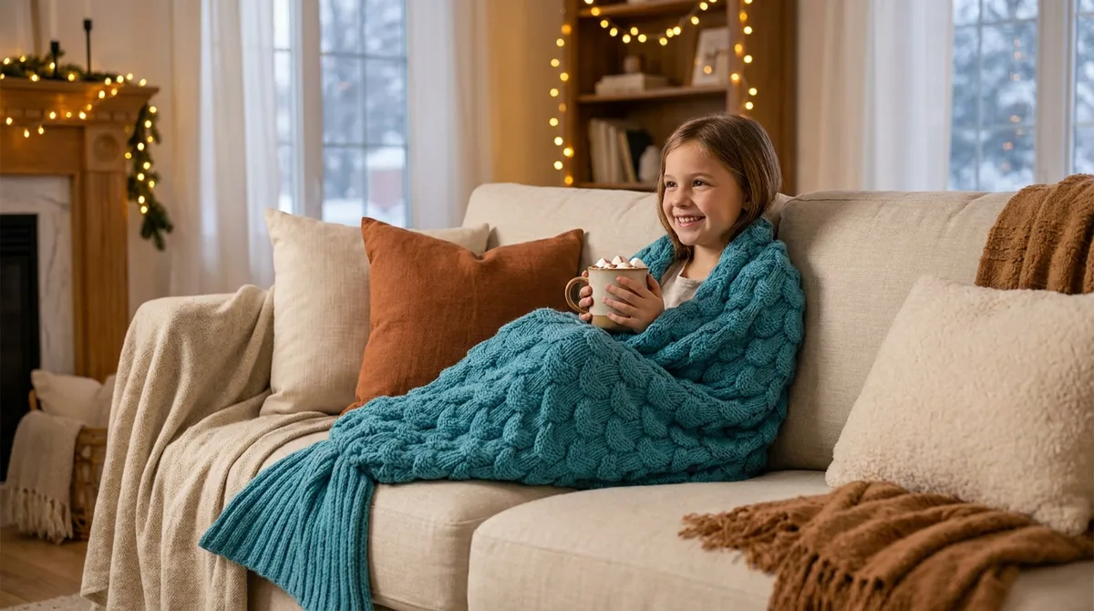 Fillette souriante emmitouflée dans un plaid queue de sirène turquoise avec un chocolat chaud sur le canapé