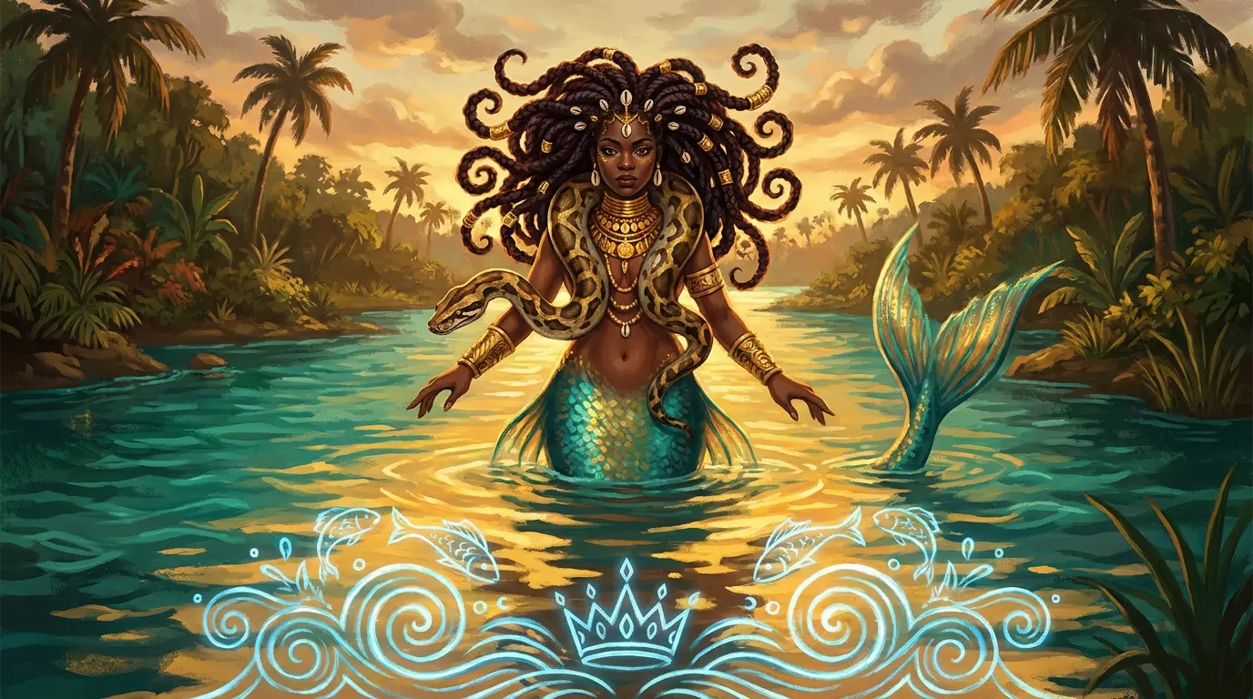 Mami Wata, déesse africaine des eaux, avec son python et ses bijoux dorés au coucher du soleil