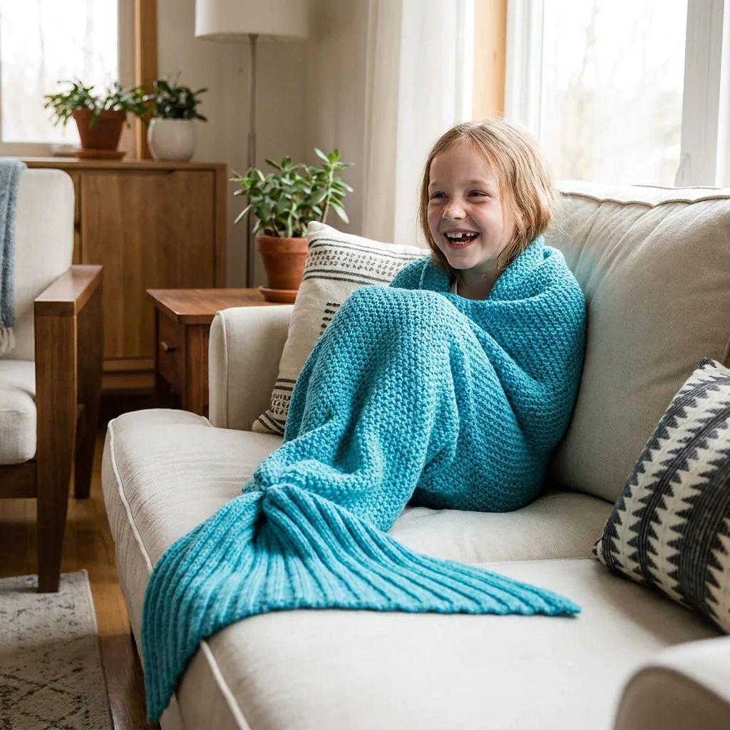 Plaid queue de sirène Aqua cocooning, modèle européen