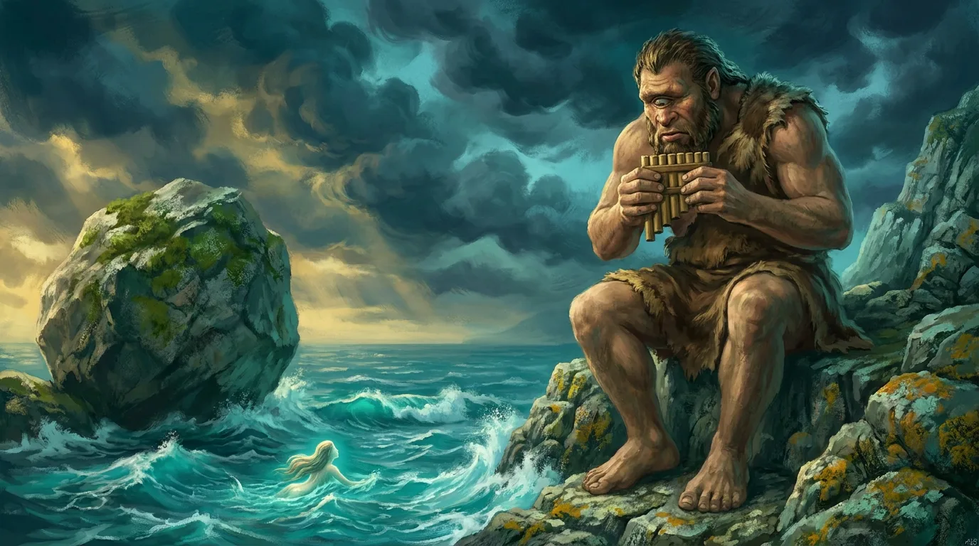 Le cyclope Polyphème jouant de la flûte de pan sur une falaise en regardant la nymphe Galatée nager en contrebas