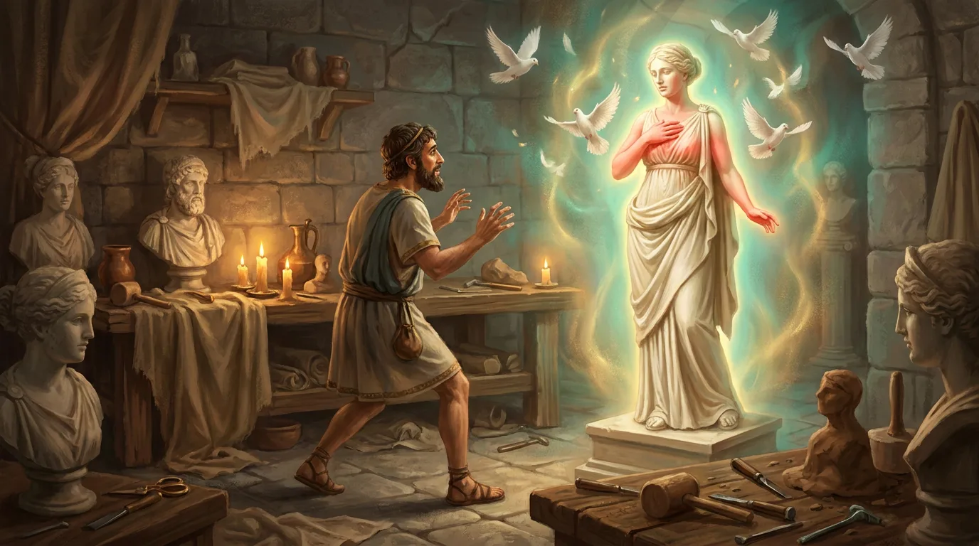 Pygmalion émerveillé devant sa statue d'ivoire prenant vie grâce à Aphrodite, entourée de colombes