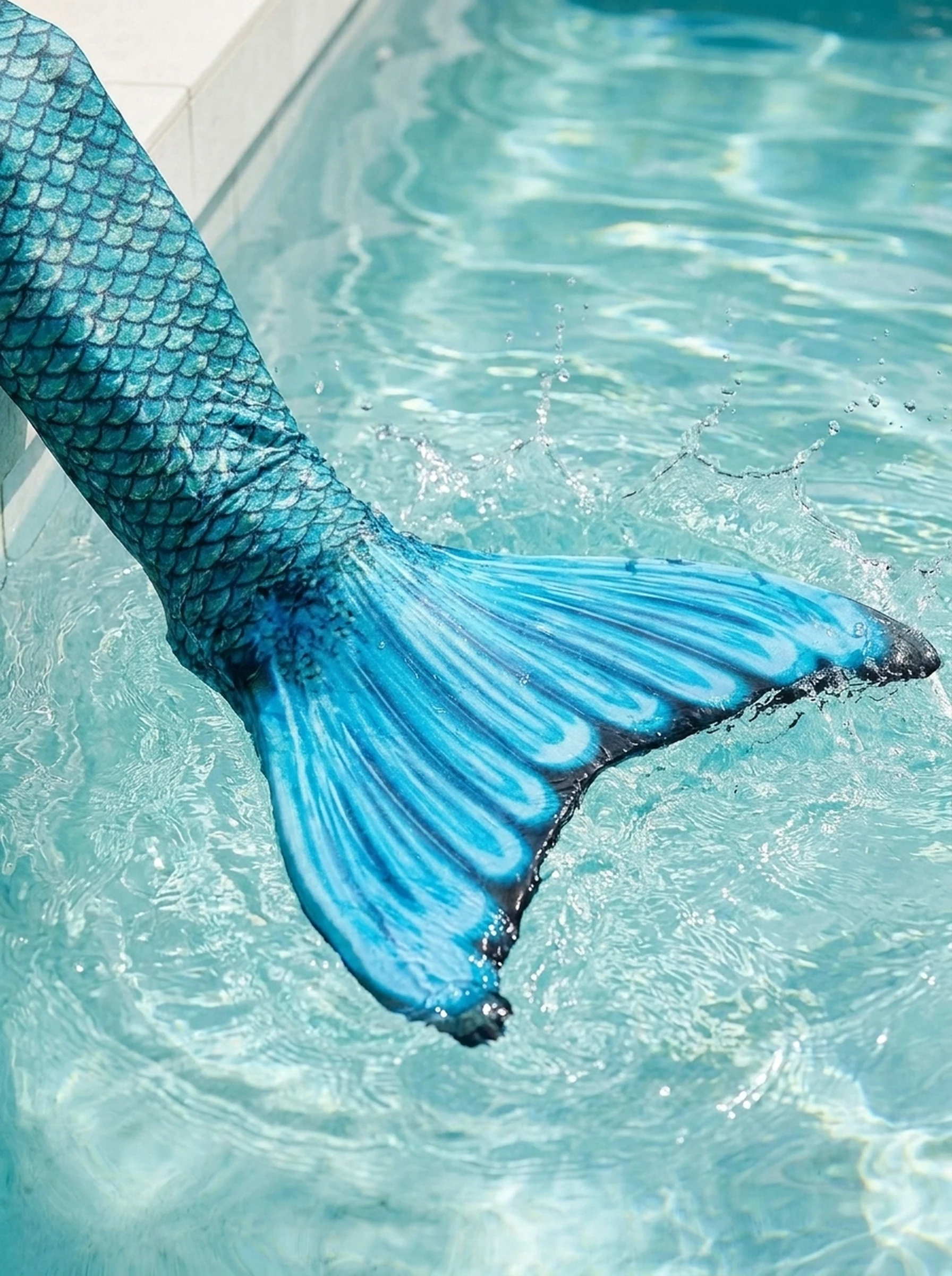 Gros plan dynamique sur la queue de sirène Atlanta Enfant en action dans l'eau