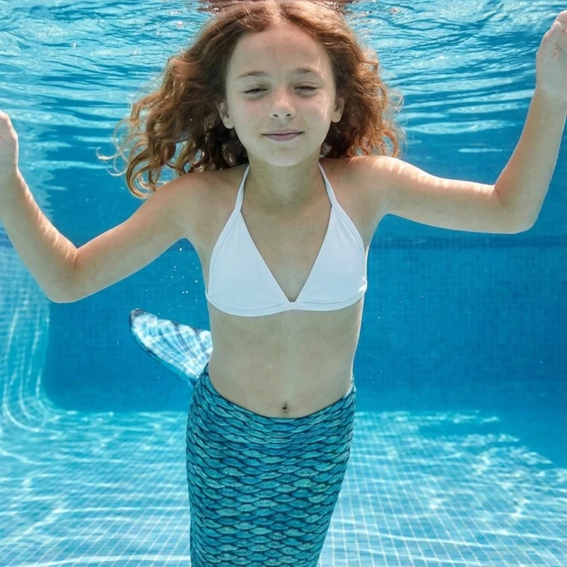Queue de sirène Atlanta Enfant portée par une fillette en mouvement sous l'eau, rayons de soleil