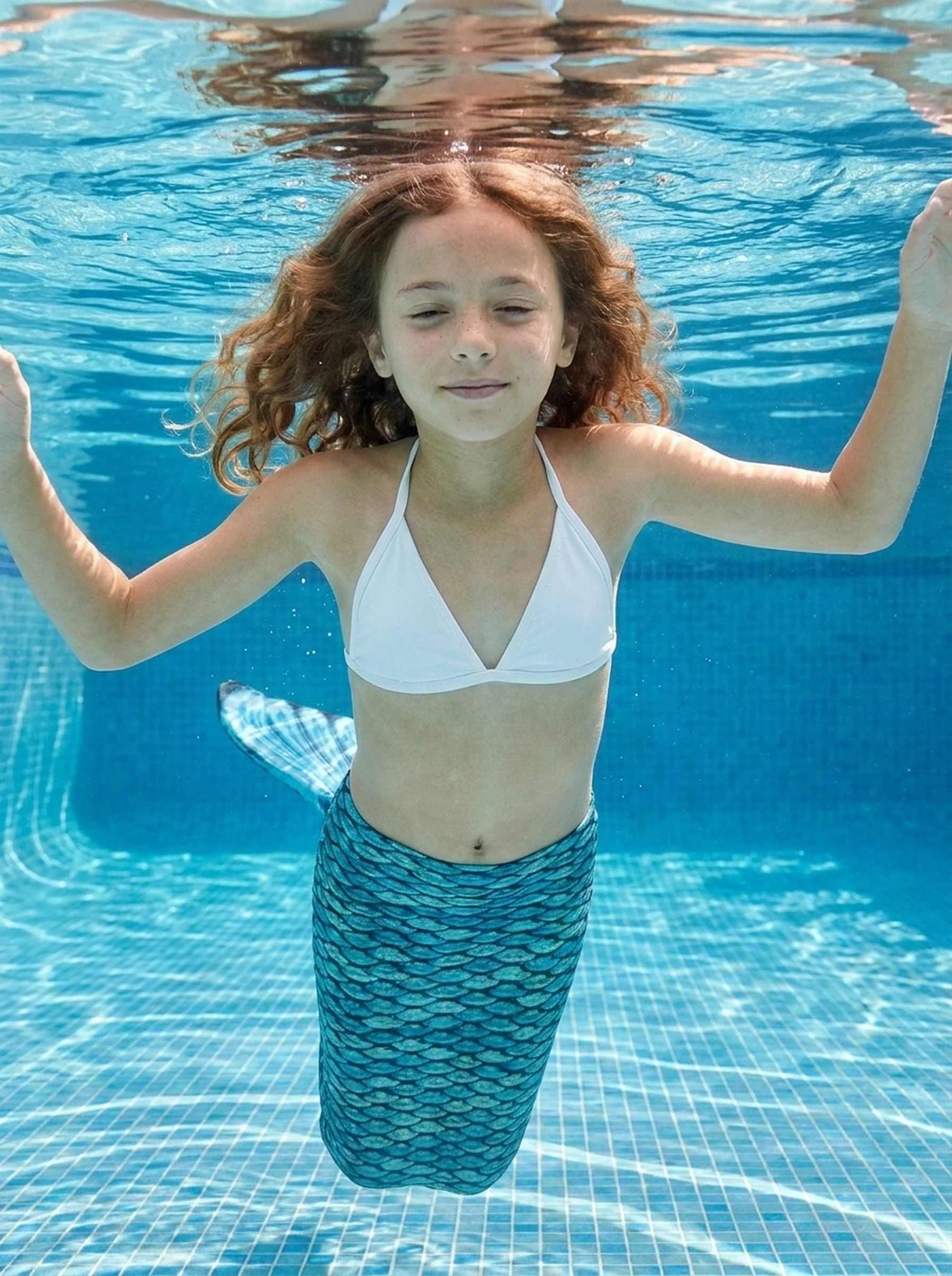 Queue de sirène Atlanta Enfant portée par une fillette en mouvement sous l'eau, rayons de soleil