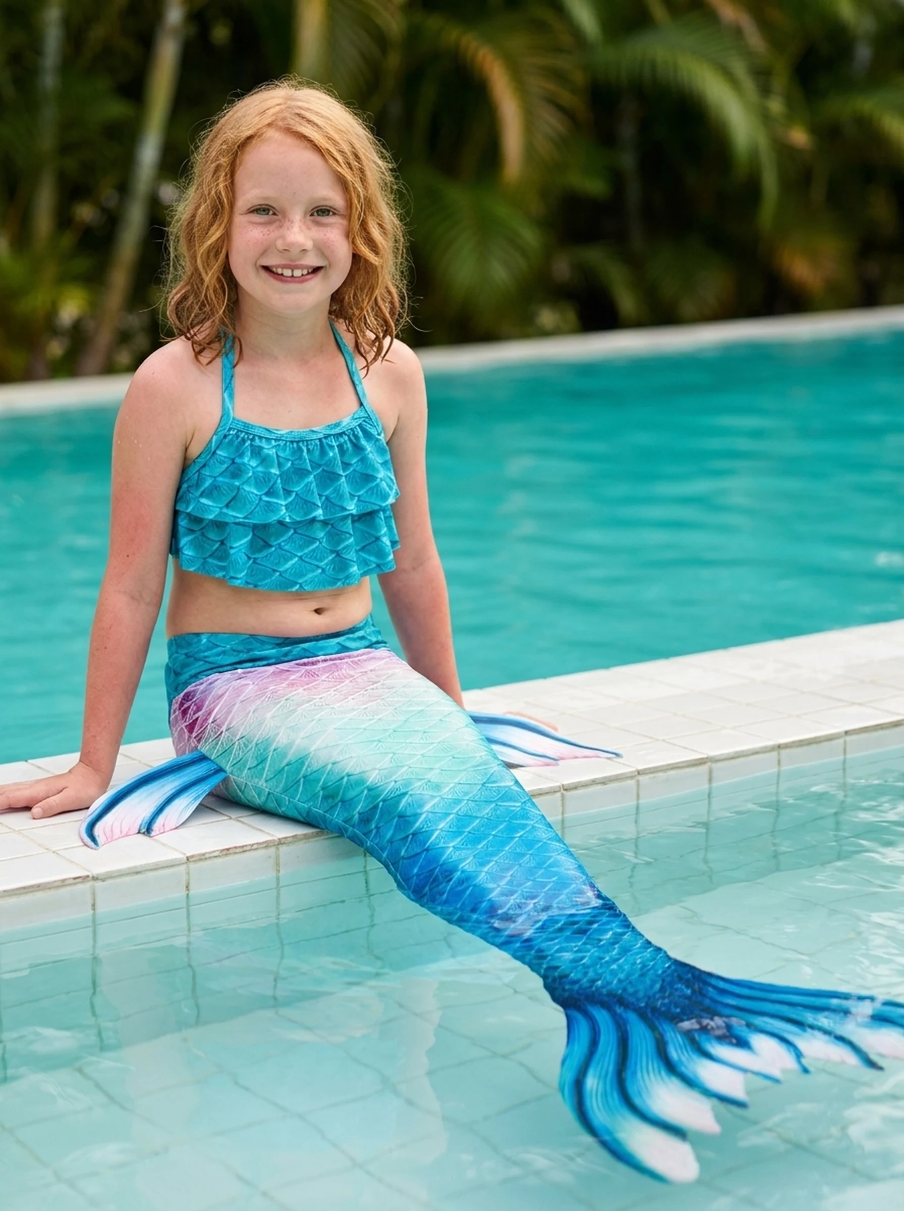 Queue de sirène Bleue Aquaria portée par une fillette au bord d'une piscine ensoleillée