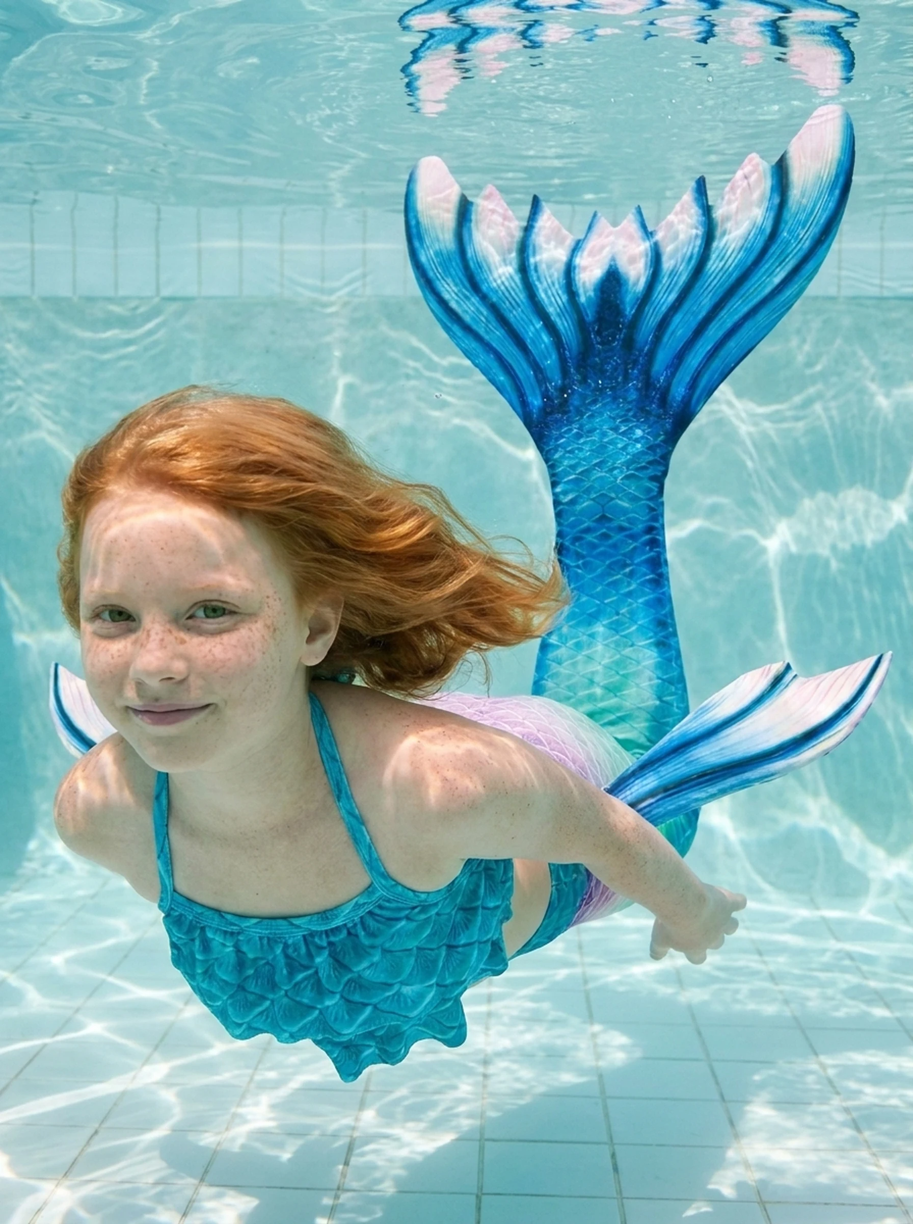 Queue de sirène Bleue Aquaria portée par une fillette en mouvement sous l'eau, rayons de soleil