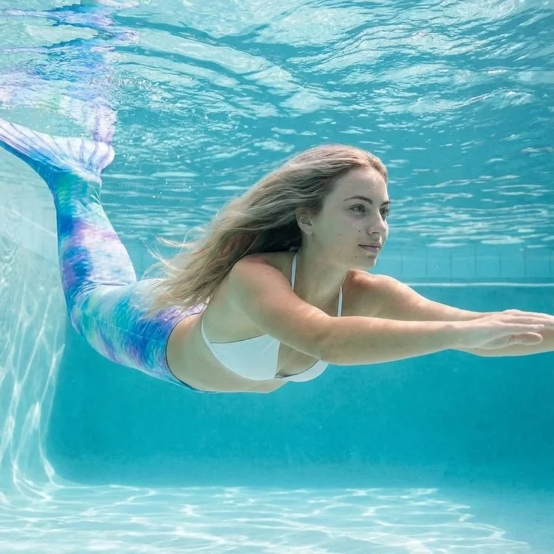 Queue de sirène Bleue du Nord portée par une jeune femme en mouvement sous l'eau, rayons de soleil