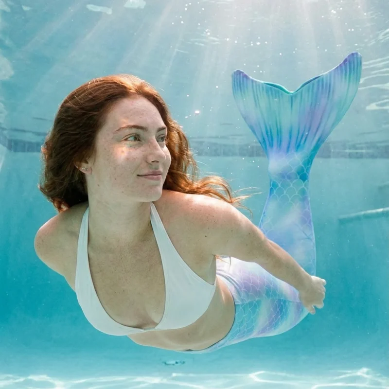 Queue de sirène Bleue Céleste portée par une jeune femme en mouvement sous l'eau, rayons de soleil