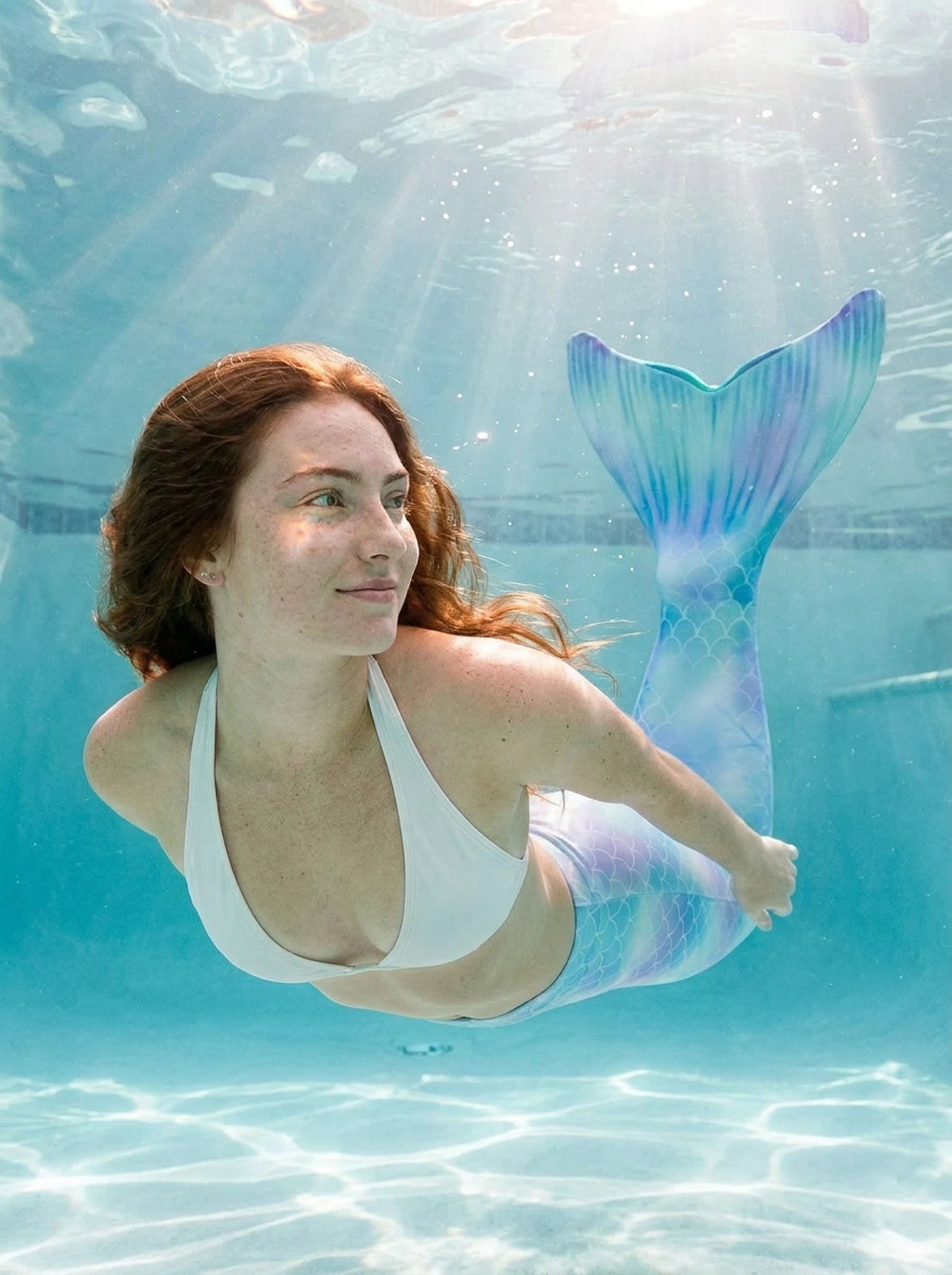 Queue de sirène Bleue Céleste portée par une jeune femme en mouvement sous l'eau, rayons de soleil