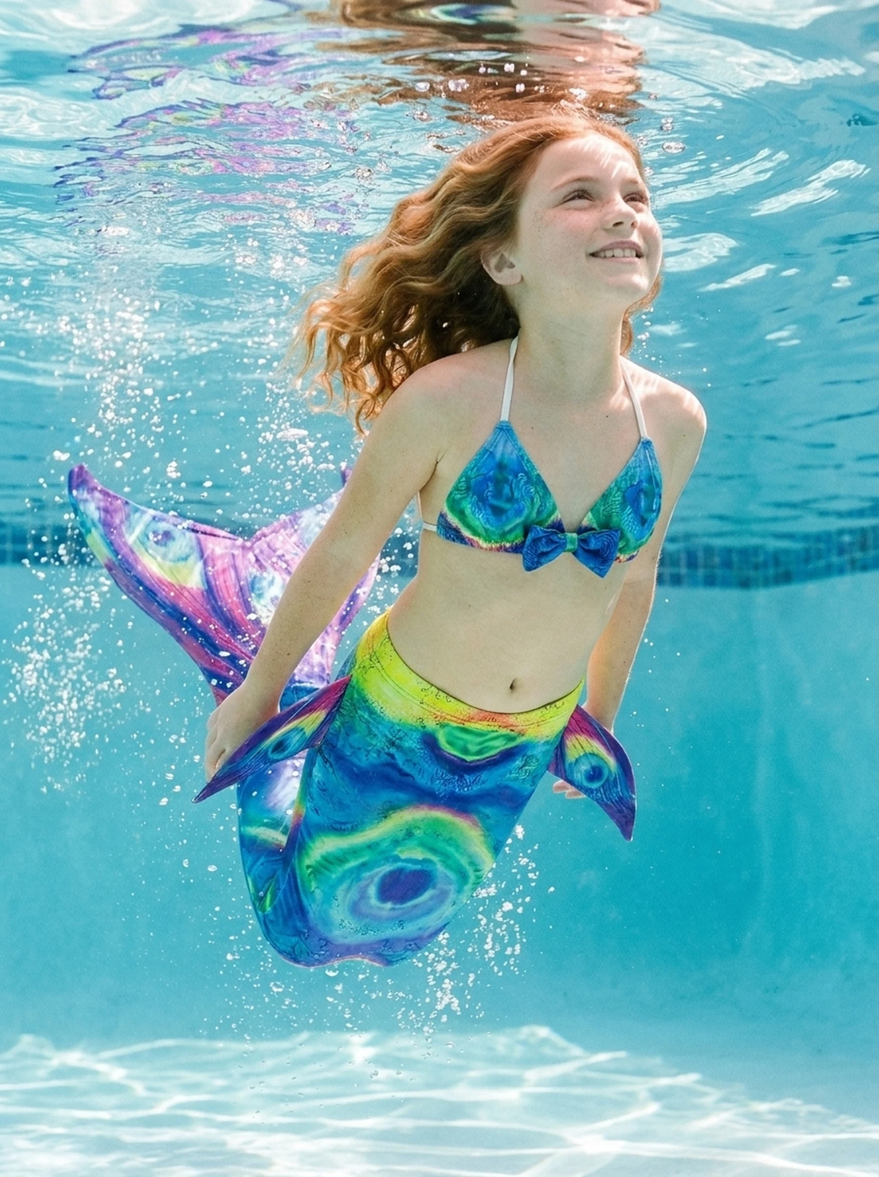 Queue de sirène des Abysses portée par une fillette en mouvement sous l'eau, rayons de soleil