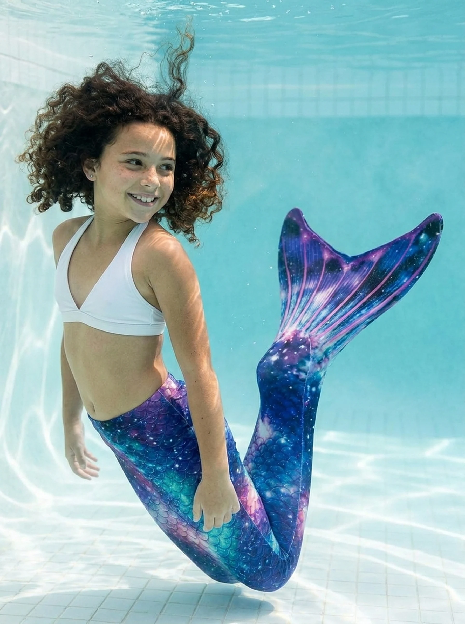 Queue de sirène Interstellaire Enfant portée par une fillette en mouvement sous l'eau, rayons de soleil
