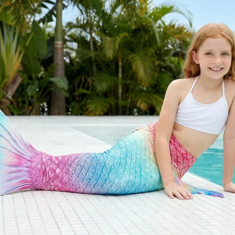 Queue de sirène Iris — bannière éditoriale au bord d'une piscine tropicale