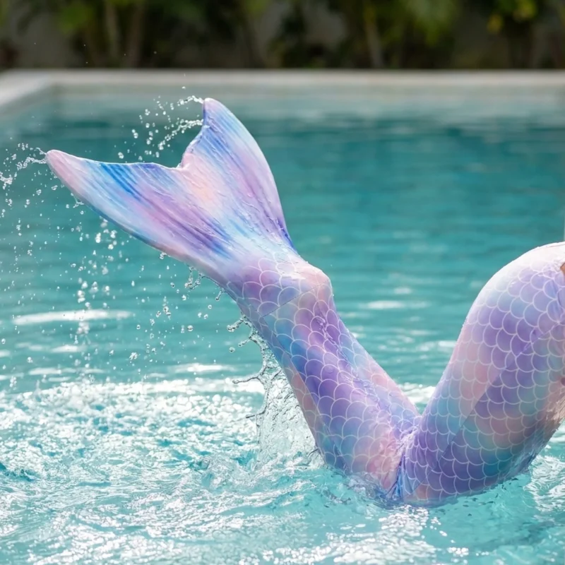 Gros plan dynamique sur la queue de sirène Natation Express en action dans l'eau