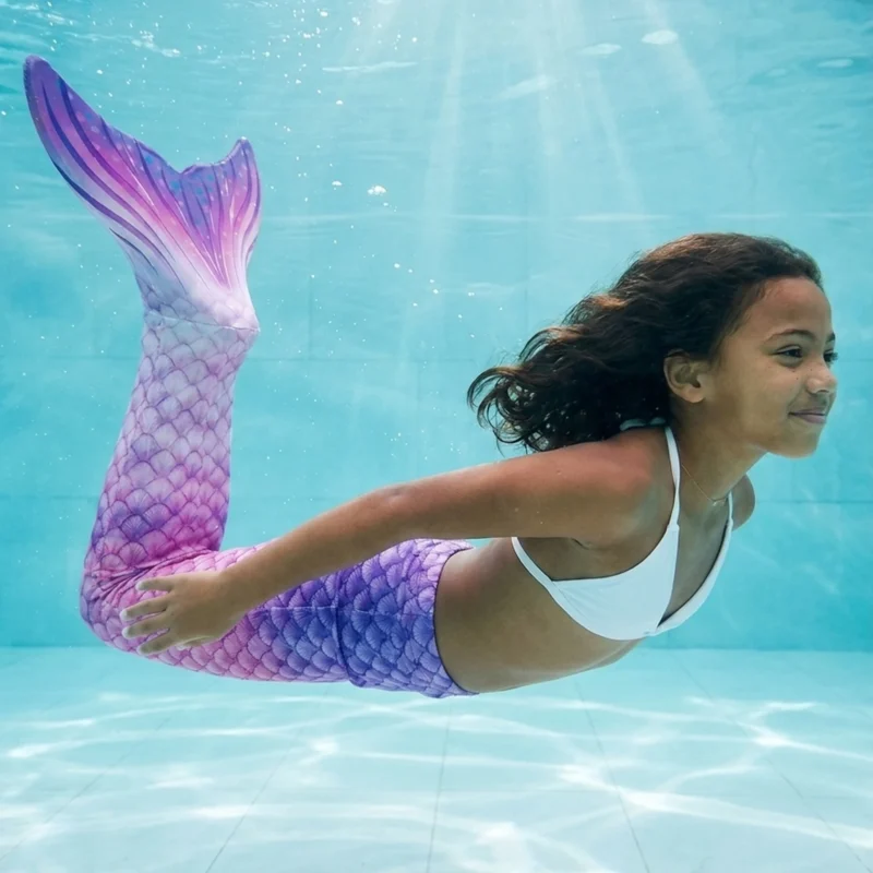 Queue de sirène Ursula Enfant portée par une fillette en mouvement sous l'eau, rayons de soleil