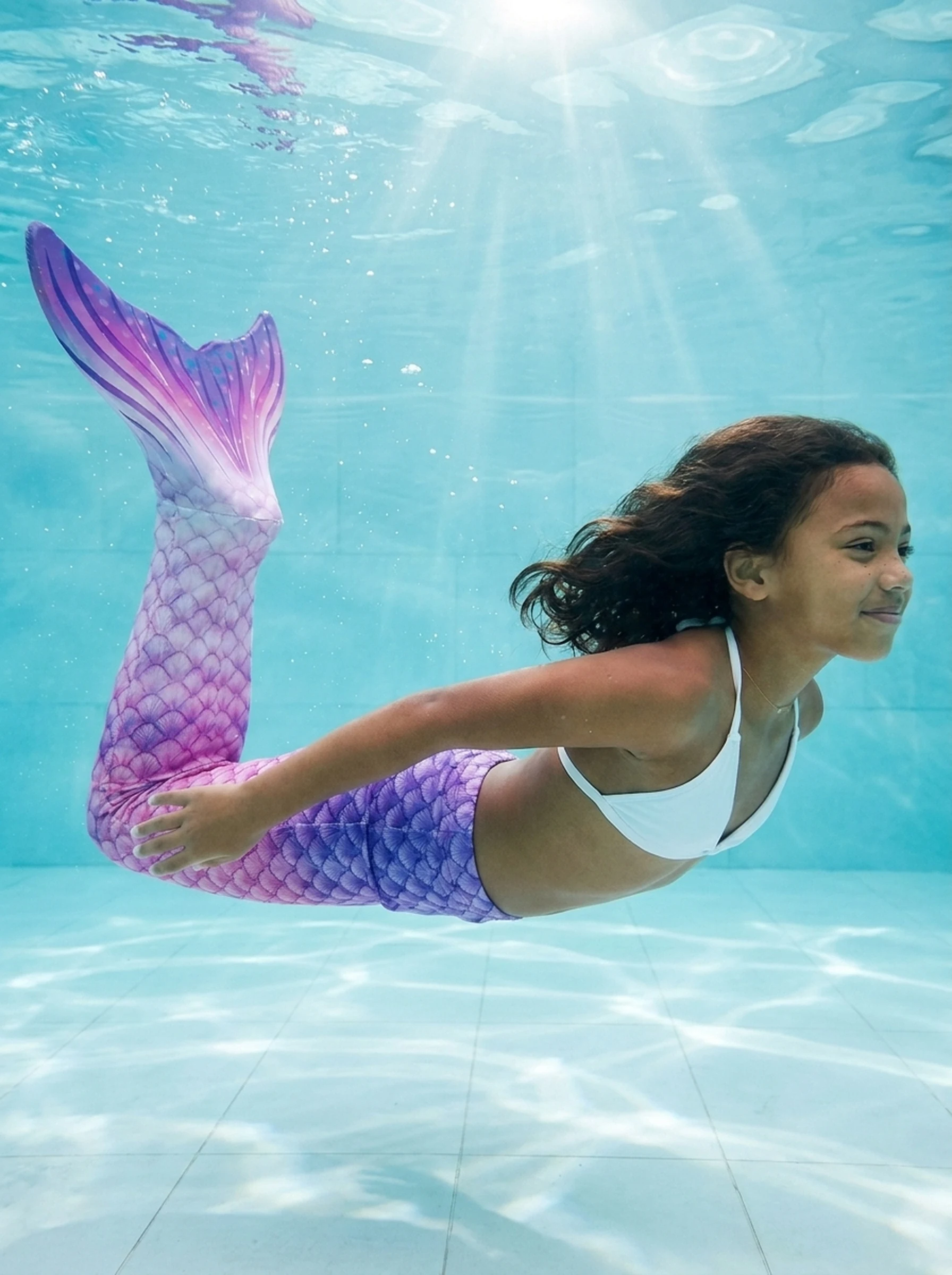 Queue de sirène Ursula Enfant portée par une fillette en mouvement sous l'eau, rayons de soleil