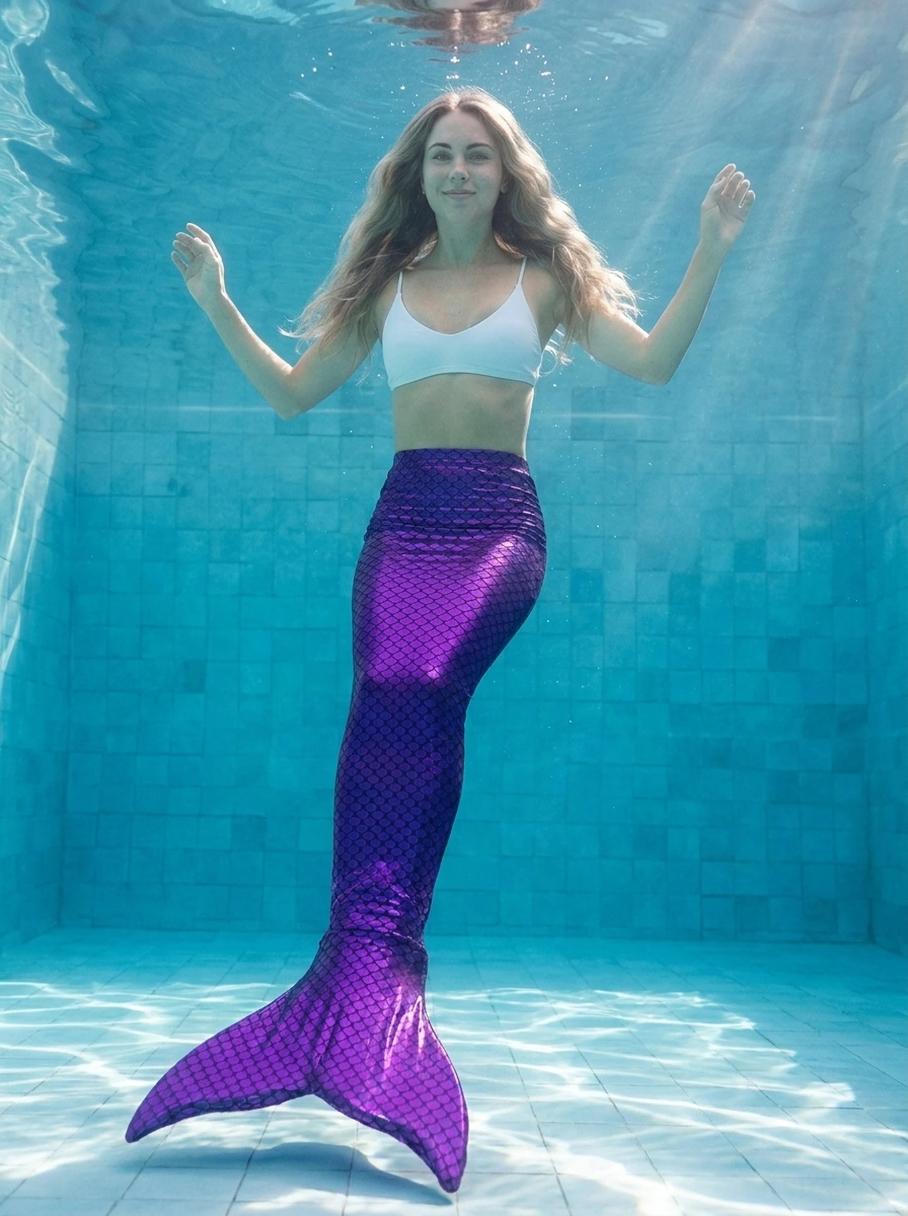 Queue de sirène Violette Alana portée par une jeune femme en mouvement sous l'eau, rayons de soleil