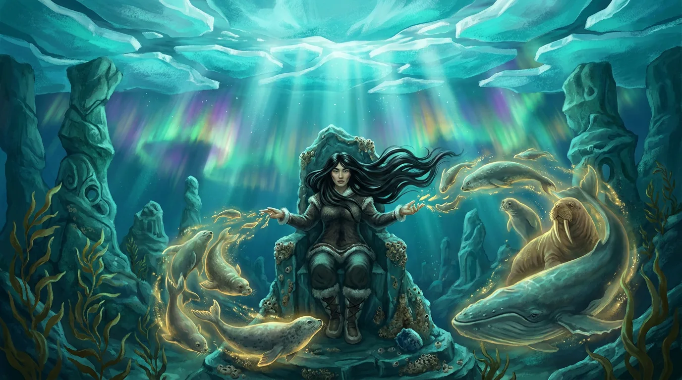 Sedna, déesse inuite de la mer, entourée de phoques et baleines sous la banquise