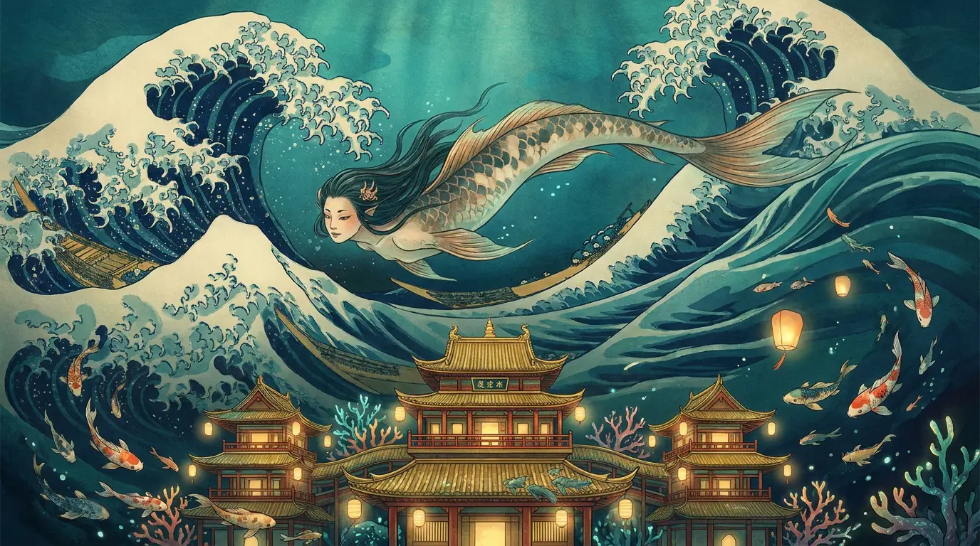 Ningyo japonais nageant au-dessus du palais sous-marin de la princesse Otohime, style ukiyo-e