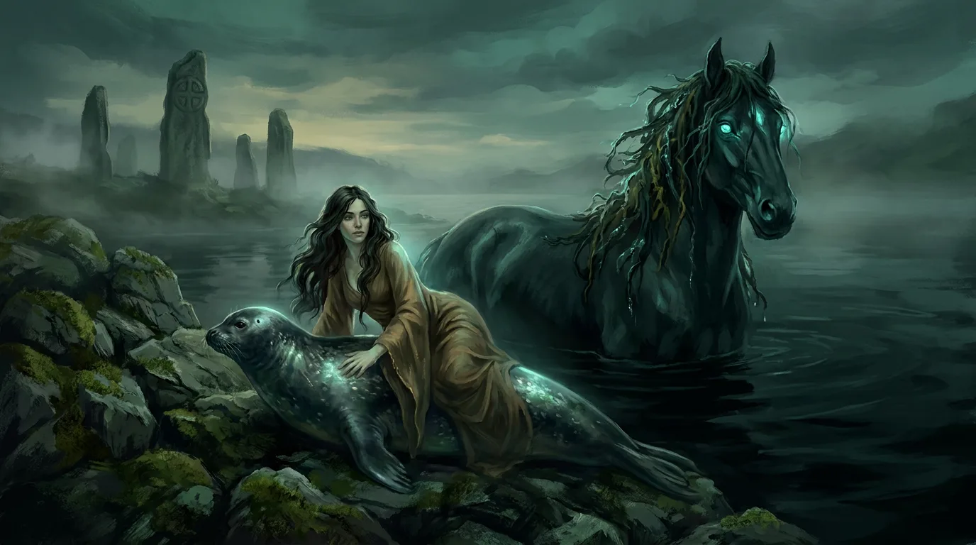 Selkie quittant sa peau de phoque et kelpie émergeant d'un loch écossais brumeux