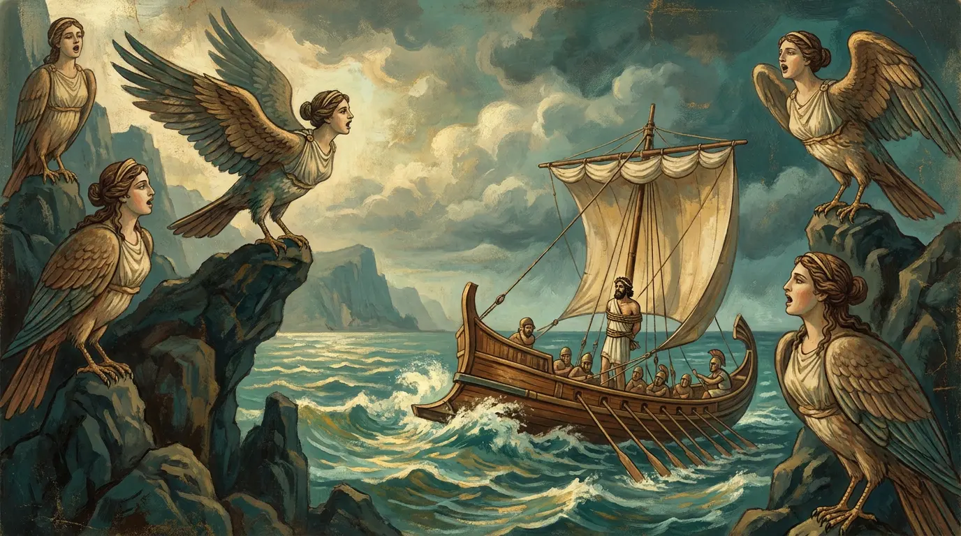 Sirènes-oiseaux de la mythologie grecque chantant face au navire d'Ulysse