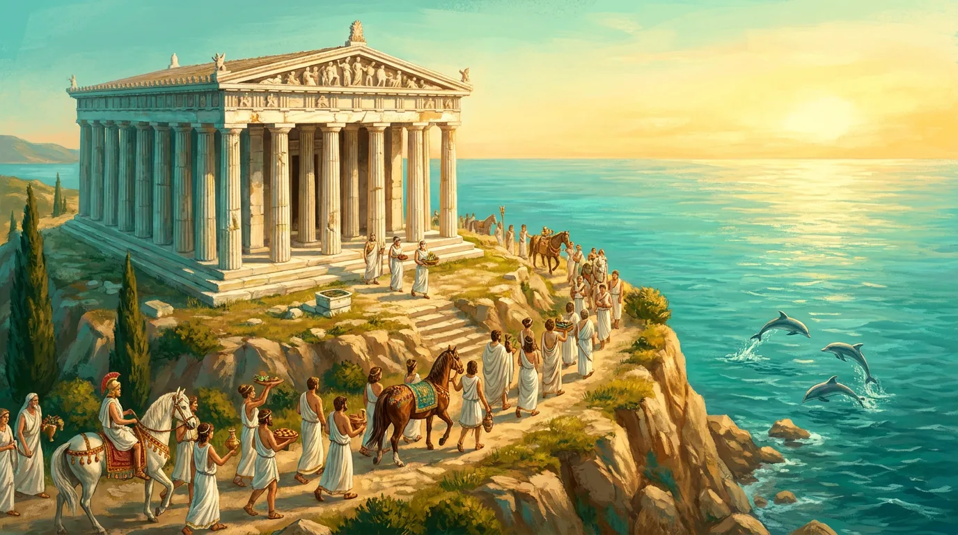 Temple de Poséidon au cap Sounion avec une procession de fidèles grecs au coucher du soleil